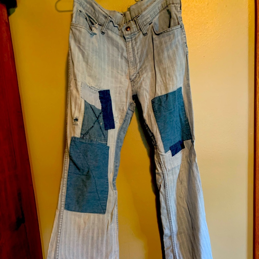 Distressed patchwork jeans, size 12 approximately